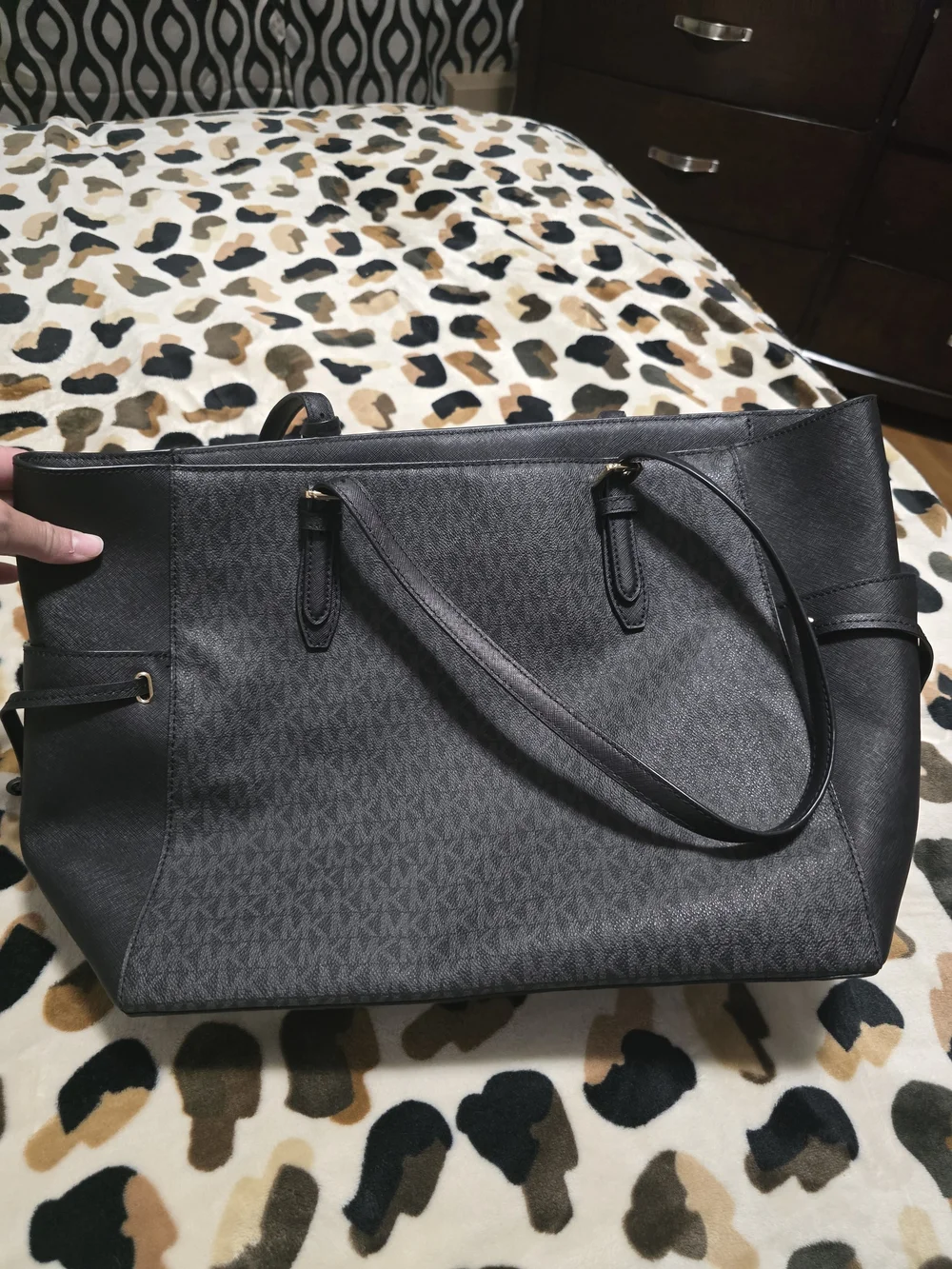 Michael Kors Black MK Logo Shoulder Tote with Gold Charm And matching wallet.
